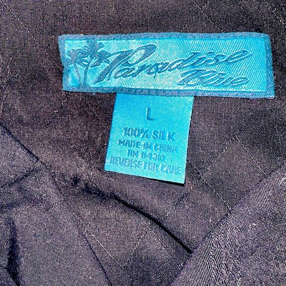 Paradise Blue Men's Black Button Front Silk Hawaiian Shirt, size L - Picture 2 of 4